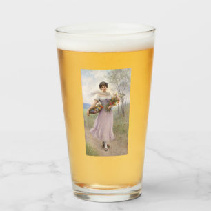 Mädchen in Lilac farbiges Kleid mit Blume Bouquet Glas