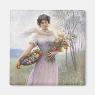 Mädchen in Lilac farbiges Kleid mit Blume Bouquet Magnet
