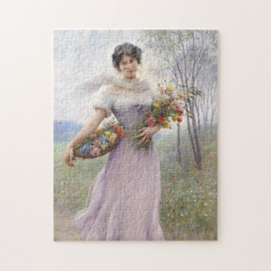 Mädchen in Lilac farbiges Kleid mit Blume Bouquet Puzzle