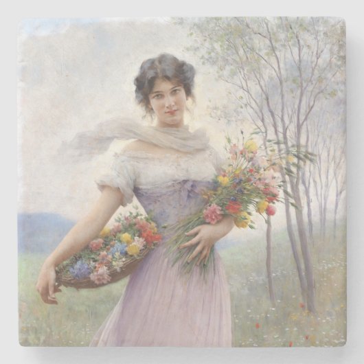 Mädchen in Lilac farbiges Kleid mit Blume Bouquet Steinuntersetzer (Vorderseite)
