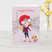 Mädchen in Paris mit einem kleinen Hund, Happy Bir Karte (Gelbe Blume)
