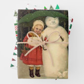 Mädchen in Red Coat mit Snowman Karierte Bäume Geschenkpapier Set (Beispiel)