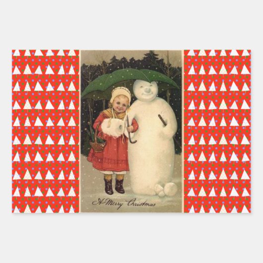 Mädchen in Red Coat mit Snowman Karierte Bäume Geschenkpapier Set (Vorderseite)