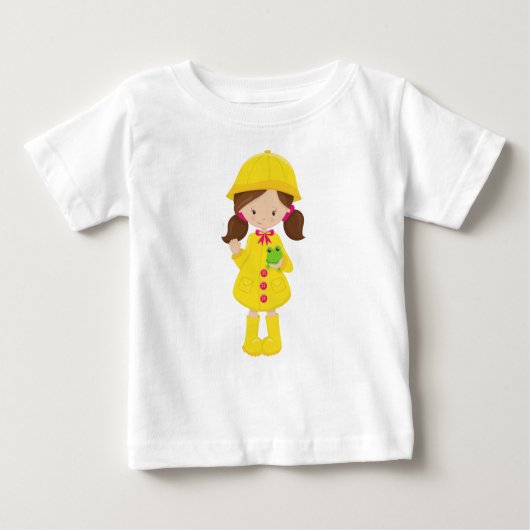 Mädchen in Regenmantel, Stiefel, braune Haare, Fro Baby T-shirt (Vorderseite)