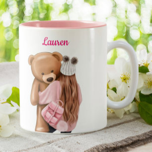 Mädchen in Rosa mit Bärenkaffee Personalisiert Zweifarbige Tasse
