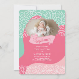 Mädchen in Rosa und Sea Green mit Foto Taufe Einladung
