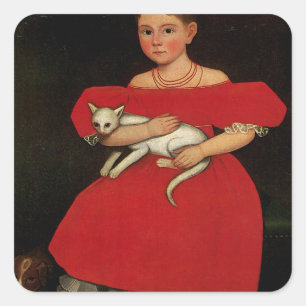 Mädchen in Rot mit ihrem Katzen und Hund Quadratischer Aufkleber