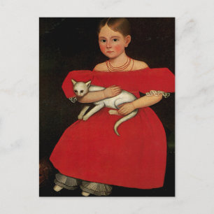 Mädchen in Rot mit ihrer Katze und ihrem Hund Postkarte