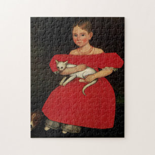 Mädchen in Rot mit ihrer Katze und ihrem Hund Puzzle