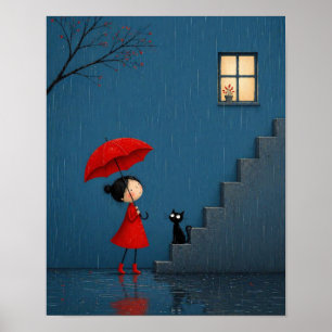 Mädchen in Rot Wartend an der regnerischen Treppe Poster