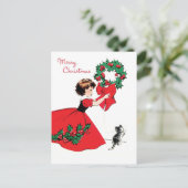 Mädchen in rotem Kleid mit Weihnachtskranz und Kat Postkarte (Stehend Vorderseite)