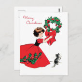 Mädchen in rotem Kleid mit Weihnachtskranz und Kat Postkarte (Vorne/Hinten)