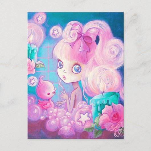 Mädchen in Schaumbad mit Kerzen und Rosen Postkarte (Vorderseite)