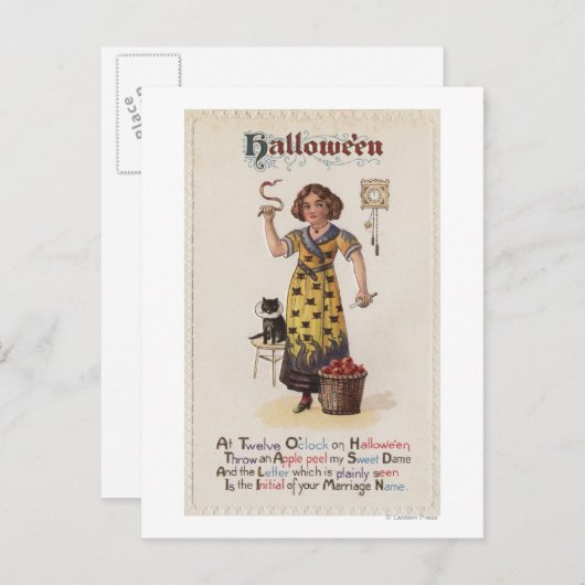 Mädchen in schwarzem Katzenkleid mit schwarzer Kat Postkarte (Vorne/Hinten)