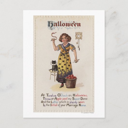 Mädchen in schwarzem Katzenkleid mit schwarzer Kat Postkarte (Vorderseite)