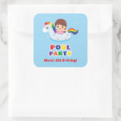 Mädchen in Unicorn Float Pool Geburtstagsparty Sti Quadratischer Aufkleber (Tasche)