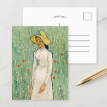 Mädchen in Weiß | Vincent van Gogh Postkarte<br><div class="desc">Mädchen in Weiß (1890) | Original-Kunstwerk des niederländischen Postimpressionisten Vincent van Gogh (1853-1890). Das Bild zeigt eine Frau mit einem weißen Kleid und einem gelben Strohhut, stehend in einem weichen grünen Feld, das mit roten Blume verstreut ist. Verwenden Sie die Entwurfstools, um einen benutzerdefinierten Text hinzuzufügen oder das Bild zu...</div>