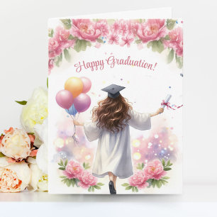 Mädchen in weißem Abschlusskleid mit Luftballons Karte