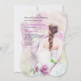 Mädchen in weißem Kleid Quinceañera Einladung