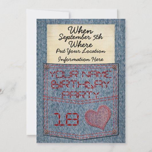 Mädchen-Jeans-Taschen-Geburtstags-Party Einladung (Rückseite)