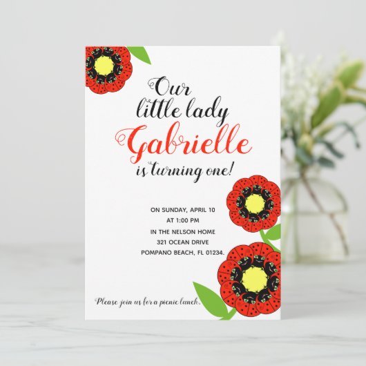 Mädchen JEDES ALTER Ladybug BIRTHDAY PARTY picknic Einladung (Stehend Vorderseite)