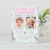 Mädchen Joint oder Twins Winter Thema Geburtstag Einladung (Stehend Vorderseite)