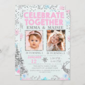 Mädchen Joint oder Twins Winter Thema Geburtstag Einladung (Vorne/Hinten)