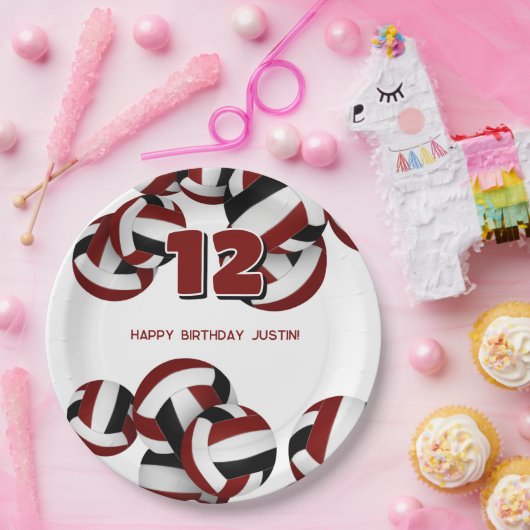 Mädchen Jungen Maroon schwarze Volleyballs Geburts Pappteller (Party)