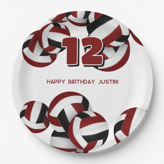 Mädchen Jungen Maroon schwarze Volleyballs Geburts Pappteller (Vorderseite)