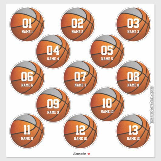 Mädchen Jungen orange graues Set von 13 Basketball Aufkleber (Blatt)