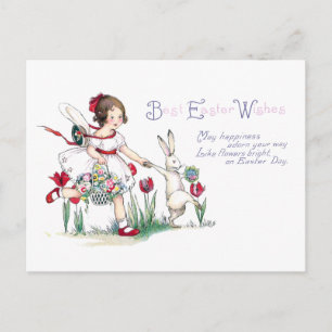 Mädchen, Kaninchen und Osterblumen Feiertagspostkarte