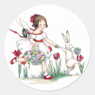 Mädchen, Kaninchen und Osterblumen Runder Aufkleber