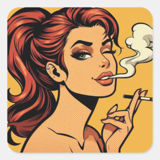 Mädchen Kifferin | Comicbuch Pop-Art | Rauchende L Quadratischer Aufkleber