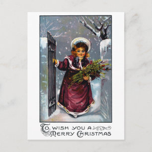 Mädchen kommt im Winter durch Vordertor Postkarte