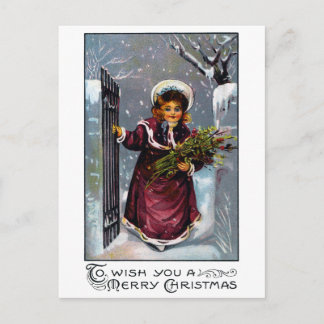 Mädchen kommt im Winter durch Vordertor Postkarte