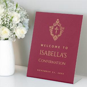 Mädchen Konfirmations Burgunder Faux Gold Kreuz & Sockelschild