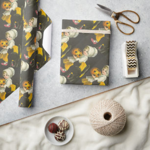 Mädchen-Kürbis-Katze Vintage-Halloween-Geschenkpap Geschenkpapier
