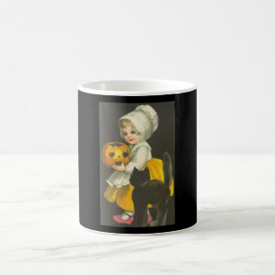 Mädchen-Kürbis-Katze-Vintage-Halloween-Themen-Tass Kaffeetasse