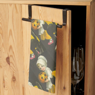 Mädchen-Kürbis-Schwarze-Katze-Vintage-Halloween Küchentuch