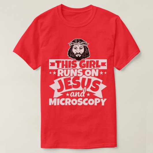 Mädchen läuft auf Jesus und Mikroskopie T-Shirt (Design vorne)