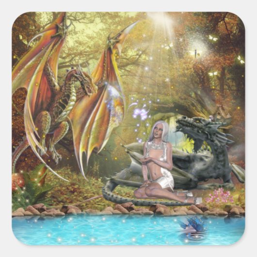 Mädchen leben mit Drachen Quadratischer Aufkleber (Vorderseite)