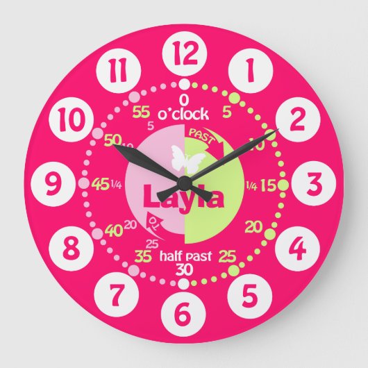 Mädchen lernen, die Zeit rosa grüne Uhr zu erzähle (Vorderseite)