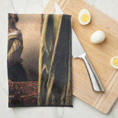 Mädchen-Lesebuchstabe am offenen Fenster durch Küchentuch (Viertel Falte)