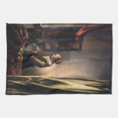 Mädchen-Lesebuchstabe am offenen Fenster durch Küchentuch (Horizontal)