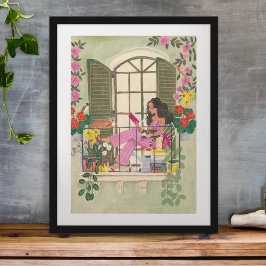 Mädchen lesen auf Sommerbalkon mit Katzen Poster