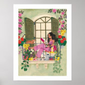 Mädchen lesen auf Sommerbalkon mit Katzen Poster (Vorne)