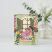 Mädchen lesen auf Sommerbalkon mit Katzen Postkarte (Stehend Vorderseite)