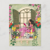 Mädchen lesen auf Sommerbalkon mit Katzen Postkarte (Vorderseite)