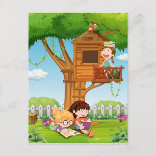 Mädchen lesen Bücher im Garten Postkarte