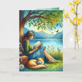 Mädchen lesen ein Buch unter einem Baum | Geburtst Karte (Gelbe Blume)